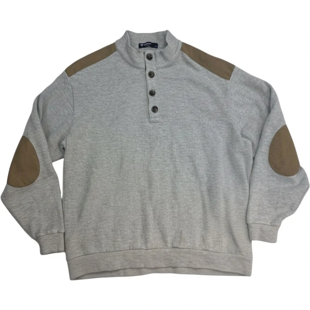 Cremieux Classics Mens XL Gray Mock Neck Button Sweater Olive Elbow Patches